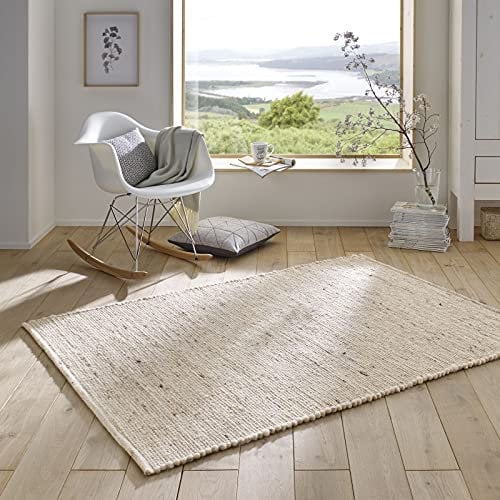 Taracarpet Handweb-Teppich Malmoe Wolle im Skandinavischem Landhaus Design Wohnzimmer Esszimmer Schlafzimmer Flur Läufer beidseitig verwendbar beige 070x130 cm
