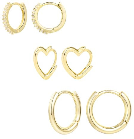 Gold Creolen Ohrringe 925 Silber, 3 Paar 14K Vergoldet Schlafen Creolen Ohrringe Set mit Zirkonia Klein Hypoallergen Huggies für Damen Männer