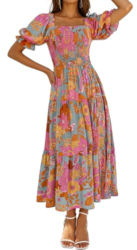 ZESICA Women's 2025 Summer Boho Floral Print Square Neck Ruffle Swing Beach Long Maxi Dress,GreyGreen,Small