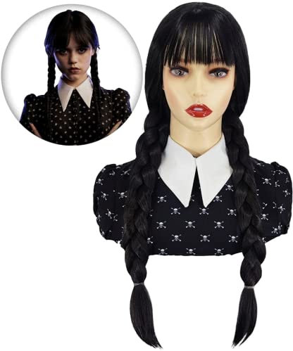 Mittwoch Addams Perücke mit Pony Langen Zöpfen Perücke für Mittwoch Kostüm Frauen Mädchen Addams Family Kostüm Haar Perücke für Party halloween