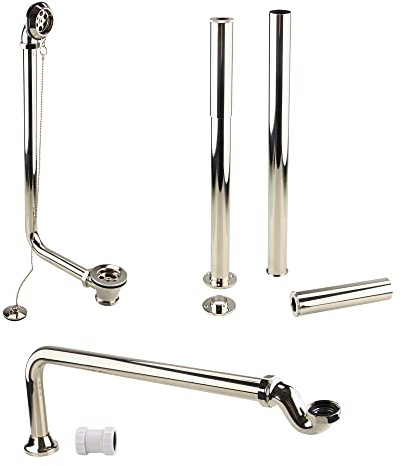 ENKI, W56, Vintage Gold Traditional Freestanding Roll Top Bath Pack, Shallow Seal Trap, Exposed Retainer Waste, Legs with Adjustable Shrouds, Polished Brass