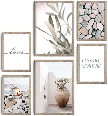 decomonkey | 6er Poster Set mit hellbraunem Rahmen | Reisen Aesthetic | 4 x DIN A4 & 2 x DIN A3 | Wohnzimmer Schlafzimmer Wandposter Blider Collage Modern Wanddeko Griechenland Oliven Liebe Blau