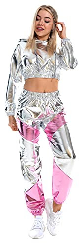 IWEMEK Rave Outfits Damen Metallic Top Glitzer Hose Trainingsanzug Glänzend Hohe Taille Jogginghose Lack Leder Oberteil 80er 90er Fasching Festival Party Disco Hip Hop Kostüm Clubwear Silber M