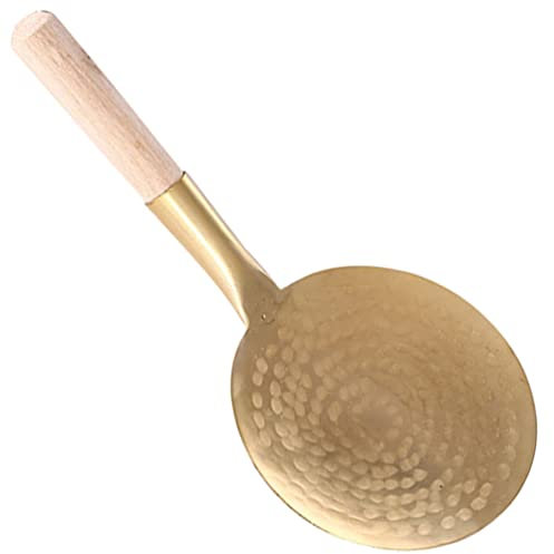 Kichvoe Flat Kitchen Tofu Scoop Spoon Copper Japanese Rice Spatula Wood Handle Oil Skimming Ladle Large Food Serving Spoon Non Stick Utensil 10cm