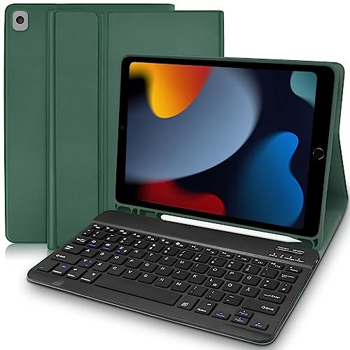 Lielax Hülle mit Tastatur für ipad 10.2“,Tastatur für iPad 9.Generation 2021, Schutzhülle mit Kabellose Abnehmbare QWERTZ-für ipad 9./8./7. Gen, Air 3. Gen, Pro 10,5, Dunkelgrün