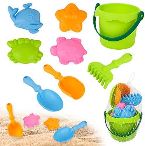 Beach Toys Set for Kids - 8 Pcs Sand Bucket Set With Shovels and Sea Animal Soft Molds, Outdoor Fun Tools for Toddler Children Boys Girls, Sand Pit