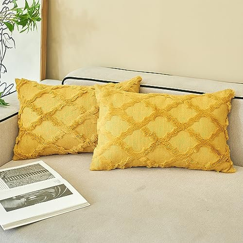 Ci & Ci 2er Set Boho Deko Kissenbezug 30x50 cm, Senfgelb Kissen Sofakissen Dekokissen Zierkissen, Flauschig Kissenbezüge Kissenhülle für Sofa Couch