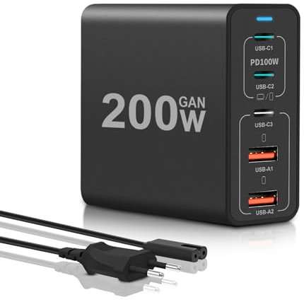 USB C Ladegerät, Dalugo 200W GaN USB C Netzteil 5-Port Schnellladegerät, Kompatibel mit MacBook Pro/Air M2, Samsung Galaxy Book3, Surface Laptop, iPad Pro/Air, iPhone 12-15 Series, Galaxy S23 Ultra