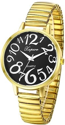 JewelryWe Uhren Damen Elastisch Metallarmband - Gold Ultradünne Analog Quarz Armbanduhr Frauen Legierung Stretch-Armband Uhr mit großen Arabischen Zahlen Schwarz Zifferblatt