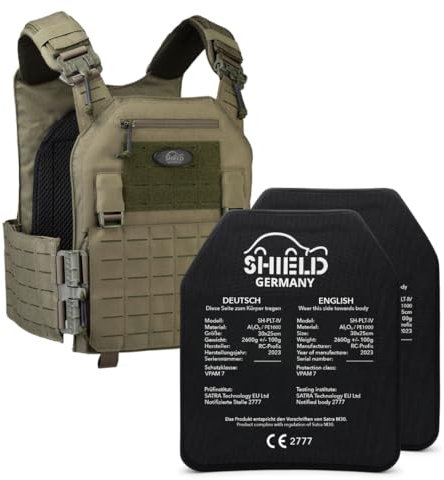 SHIELD Germany® SK4 / NIJ IV Plattenträger Weste mit und ohne SK4 Platte Taktische Schutzweste, schusssichere Weste (Steingrau Oliv, SK4 / NIJ IV (nach BSW7 Zertifiziert))