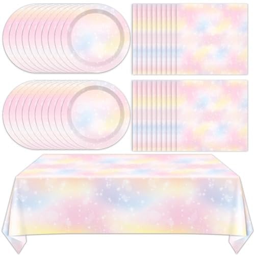 Pastel Rainbow Tableware Set Pastel Birthday Party Plates Napkins Rainbow Theme Party Disposable Table Cover Boho Cake Dessert Dinnerware for Kids Girls Baby Shower Birthday Wedding Decor Supplies