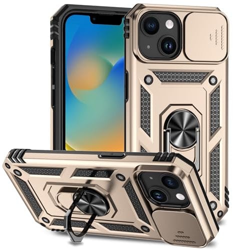 Hitaoyou iPhone 15 Case with Camera Cover & Kickstand, Military Grade Shockproof Heavy Duty Protective Case with Magnetic Car Mount Holder for iPhone 15 Gold