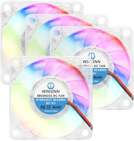 WINSINN 60mm RGB Fan 5V, LED Colorful Micro 5 Volt Fans 6010 Hydraulic Bearing, Brushless Cooling 60x10mm 2PIN, Works with 3D Printer/Computer/Notebook/PC Case/Router/TV Box (Pack of 4Pcs)