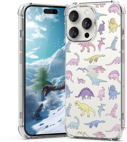 CAROKI for iPhone 15 Pro Max Clear Case, [Anti-Yellowing] with Pattern for iPhone 15 Pro Max Clear Case Protective Shockproof Soft Cover Case for iPhone 15 Pro Max 6.7 2023-Colored Dinosaur