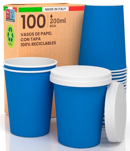 Lot de 100 Verres à Café à Emporter en Papier Bleu 200 ml - Couvercles Inclus - Boissons Chaudes et Froides - Écologiques Biodégradables - Tasses Jetables Colorées