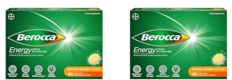 Berocca Vitamin C Effervescent Tablets, with Magnesium, Vitamin B12 & Vitamin B Complex, Orange Flavour, 2 Pack of 45 Tablets - 6 Weeks Supply