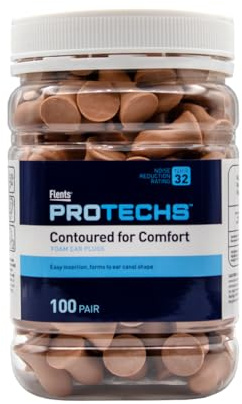 Flents Protechs Contoured for Comfort Ear Plugs, NRR 32, 100 Pair, Beige | Soft Foam & Comfortable Hearing Protection for Work, Construction, Heavy Machinery, Studying, Travel & Sleep