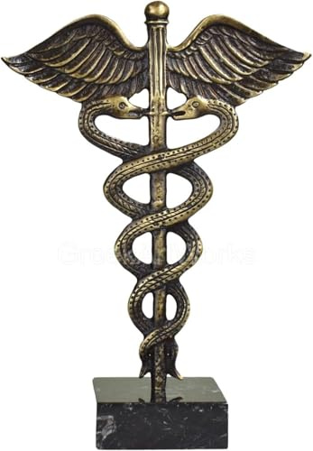 Caduceus Symbol Gottes Hermes Merkur Echte Bronze Metall Kunst Skulptur auf Marmorsockel