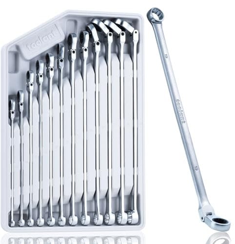 toolant Extra Long Ratcheting Wrench Set, Flex Head & Fixed Offset Head Double Box End Combination Wrench Set, CR-V Steel, Metric 8-19mm, 12PCS with Storage Tray