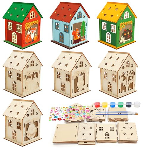 MONCAP 7pcs Kit de Bricolage Noel pour Enfant Set de Maison en Bois Animaux pour Noël Décoration Noël Créative Enfants avec Pinceaux Peinture pour Garçon Fille Cadeau Noël Nouvel An