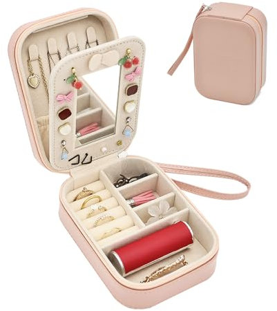 Boxudeli Boîte à bijoux de voyage avec dragonne, petite boîte à bijoux en cuir PU avec miroir, boite a bijoux voyage pour femmes et filles, boîte de rangement pour bijoux (Couleur rose sale)