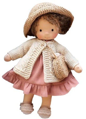 Wedhapy Puppe, niedliche lockige Haarmädchen -Stoffpuppe mit Hut, Crossbody -Tasche und Kleid, 10 Zoll weiche Lappenbabys Babypuppengeschenke für Babys & Kleinkinder Weihnachtsgeburtstag, Stil 2.