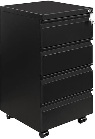 LVSTEEL Rollcontainer, Aktenschrank Abschließbar mit 4 Schlüsseln, Büroschrank aus Metall, Aktenschrank unter Schreibtisch, mit 4 Schublade, Vormontiert, Abschließbarer, Büro, Schwarz