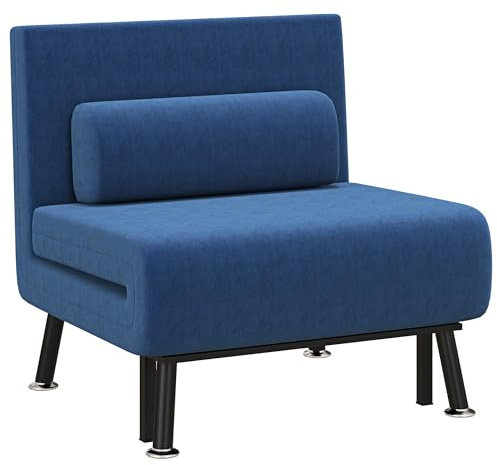 HOMCOM Poltrona Letto Singolo 3 in 1 con Schienale Reclinabile su 5 Livelli, Cuscino Imbottito e Materasso, Divano Letto Singolo Pieghevole per Soggiorno, in Acciaio, Lino, 75x70x75cm, Blu Scuro