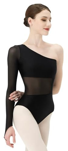 flexdans Ballett Trikot Damen, Erwachsene Langärm Einschultrig Net Ballett Tanztrikot mit Fingermanschetten 9447 Black 170