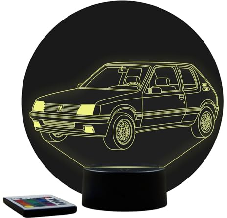 Lampe Illusion 3D Peugeot 205 GTI – Veilleuse LED RGB 16 Couleurs + 4 Modes avec Télécommande – Non Personnalisée – Cadeau Automobile/Décoration – Made in France
