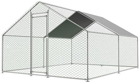Hühnerstall mit Überdachung, 3 x 4 x 2 Meter, Verzinkter Stahl, Freilaufgehege Tiergehege für Hühner Hasen, Kleintiergehege mit Sonnenschutzdach und Tür für Hühner Ente Kaninchen (3x4x2M)