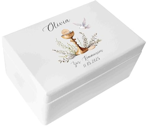 Creative Deco Weiß Personalisiert Kommunion Geschenke für Mädchen und Jungen - Holzkiste | Kelch Motiv | Individuelle Geschenk Erinnerungsbox | Erstkommunion Deko