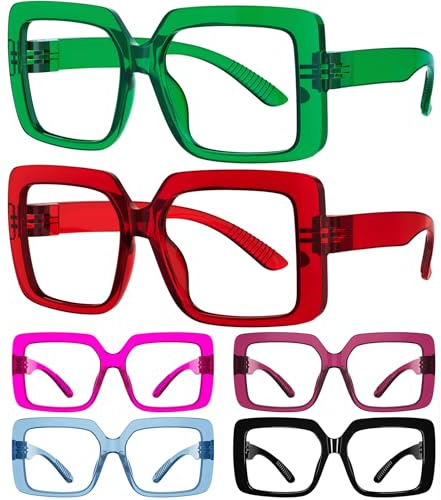Eyekepper 6er-Pack Lesebrille Blaulichtfilter Brille für Damen Eckigem Rahmen und großen Gläsern schraubenloses und metallfreies Federscharnier Lesehilfe Blendfreie UV-Brille.