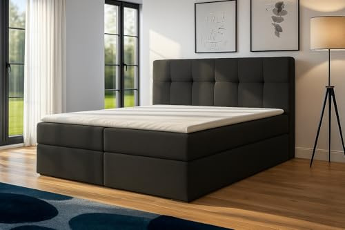 A&J MöbelLand Boxspringbett 180x200 mit Bettkasten und Lattenrost – REF, Bett mit Matratze H4 und Stauraum in Dunkelgrau