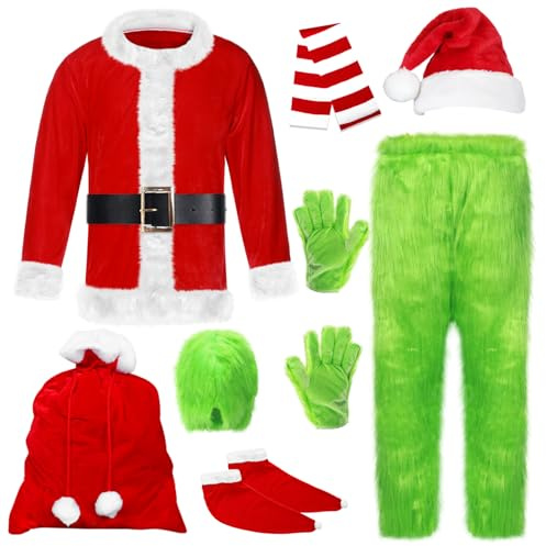 Suffolly 9PCS Adult Green Monster Christmas Costume for Christmas Santa Claus Outfit,Santa Monster Furry Santa Suit Christmas Cosplay Costume