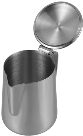 LOORGVEL Lattiera Piccola in Acciaio Inossidabile 350ml con Coperchio | Bordi Lisci e Arrotondati, Manico Ergonomico, Beccuccio Affilato, Colore Argento
