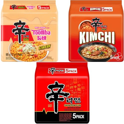 Nong shim Shin Ramyun Korean Noodles Variety Pack of 3 Flavours (15 Packs Total) – Super Spicy, Toomba Creamy Stir-Fry & Kimchi Ramen – Instant Korean Ramen Noodles Multipack for Quick Meals & Snacks