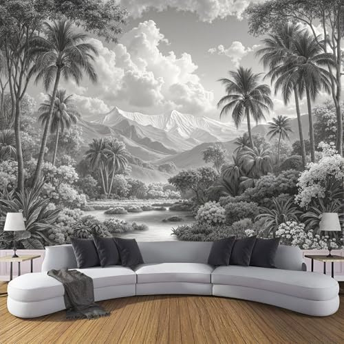 Papier Peint Panoramique Tirages En Noir Et Blanc 250x175cm Revêtement Mural Forêt Tropicale Humide Tapisserie Panoramique Décoration Tableaux Muraux pour Chambre Salon Bureau, Gris Anthracite