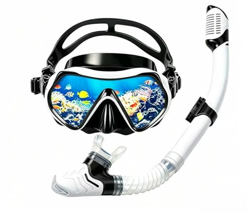 YGVQN Set da Snorkeling con Boccaglio e Occhiali da Immersione, Maschera Subacquea Anti-Appannamento 180° Panoramica con Boccaglio Asciutto, Maschera in Vetro Temperato per Immersioni e Mare