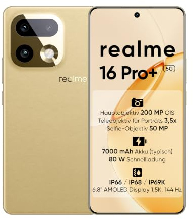 realme 16 Pro+ 5G Handy Smartphone,8+256GB,6,8 Curved AMOLED 144Hz Display,200MP OIS Kamera,50MP Porträtobjektiv, Snapdragon 7 Gen 4,7000mAh Akku,80W Schnellladen,IP69