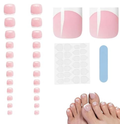 PEVRUAY Faux Ongles Pieds French, 24 Pièces Press on Nails Pieds avec Colle Gel et Lime, Capsule Pied Carré Réutilisable pour Femme, Design Minimaliste Blanc Élégant pour Été et Soirée