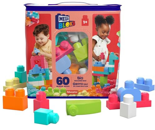 MEGA BLOKS Großer Bausteinebeutel - 60 robuste Bausteine mit wiederverwendbarem Aufbewahrungsbeutel, fördert Kreativität und Feinmotorik, für Kinder ab 1 Jahr, DCH54