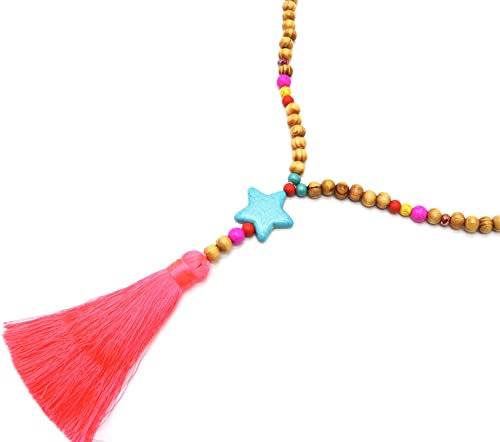 Oh My Shop CL2460 - Sautoir Collier Perles Bois et Effet Marbre avec Pierre Etoile et Pompon Rose Fluo