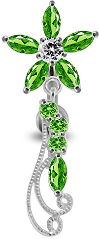 Crystal Stone Trendy Blume Filigrane Design Sterling Silber Bauch Bars Piercing