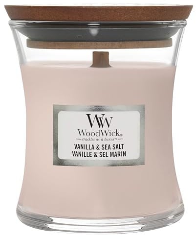 WoodWick Candela profumata con stoppino scoppiettante | Candela a clessidra piccola Vaniglia e sale marino | Fino a 20 ore di combustione | Regali perfetti per le donne