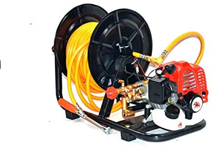 BRACOG OS-P980. Fumigadora Pulverizador, Sulfatadora a Gasolina (Motor 2T, 26 CC - Potencia 1,2 CV). Manguera de aspiración. Manguera de presión 20m - Enrollador de Manguera y Pistola Regulable.