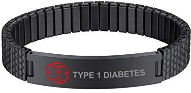Bandmax Medical Alert Symbol Armband Damen Herren Armband Schwarz Edelstahl 21cm Manschette Armband SOS Notfall Stretcharmband Schmuck für Typ 1 Diabetes für Geburtstag