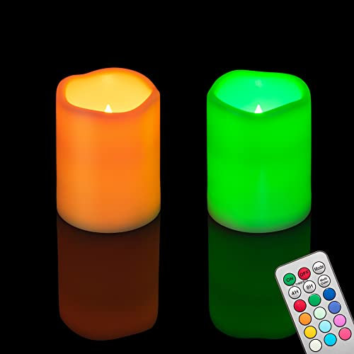 2 Stück 7,6 x 10 cm mehrfarbige flammenlose LED-Stumpenkerzen mit Fernbedienung, Timer, batteriebetrieben, elektrisch, flackernd, Kunststoff, LED-Kerzen für Halloween, Kürbis-Laterne Dekor