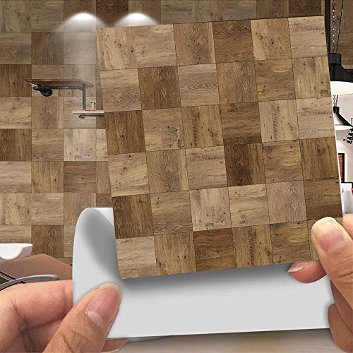 Hiser Adhésive Décorative à Carreaux pour Salle de Bains et Cuisine Stickers Carrelage, 20 Pièces Faux Cuir Style de Grain de Bois Imitation Imperméables Auto-adhésifs Décoration (Marron,15cm)