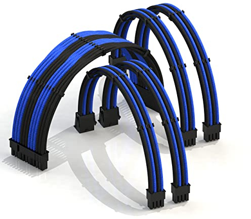 LINKUP - 50cm Superweiche und Flexible Netzteilkabel mit Verlängerungshülsen Custom Mod GPU PC Geflochten mit Kamm-Kit | 1x 24 P (20+4) | 2x 8 P (4+4) CPU | 2x 8 P (6+2) GPU set | 500mm - Blau Schwarz